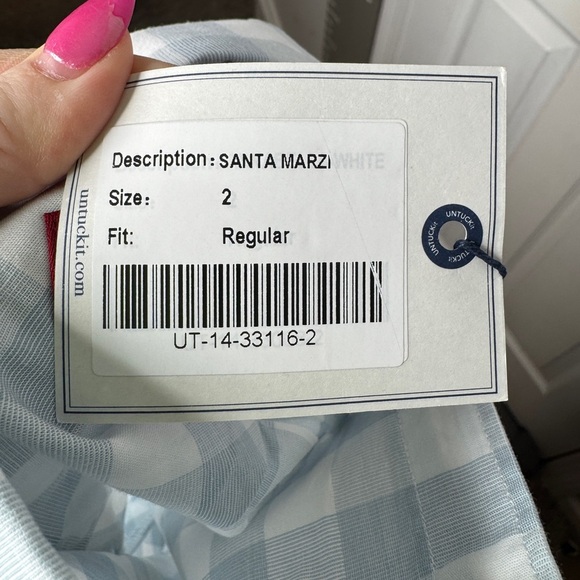 UNTUCKIT NWT Santa Marzi Blue White Checkered Button Down Size 2 - Picture 5 of 6